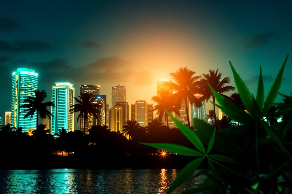 Miami skyline at dusk with palm trees and hemp leaves